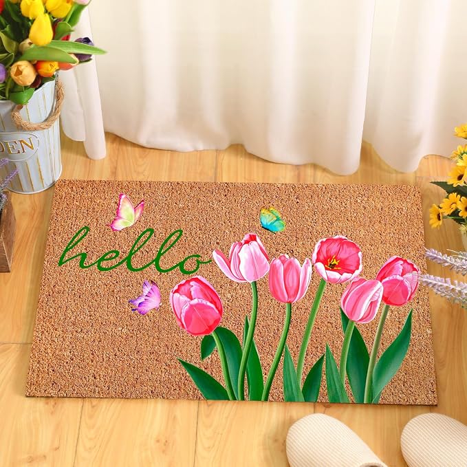 Ceenna Spring Welcome Coir Doormat Outdoor Hello Spring Front Door Mat Tulip Butterfly Coir Doormat with Non Slip Backing February Romantic Mat Front Porch Rugs for Home Entrance, 16 x 28 Inches