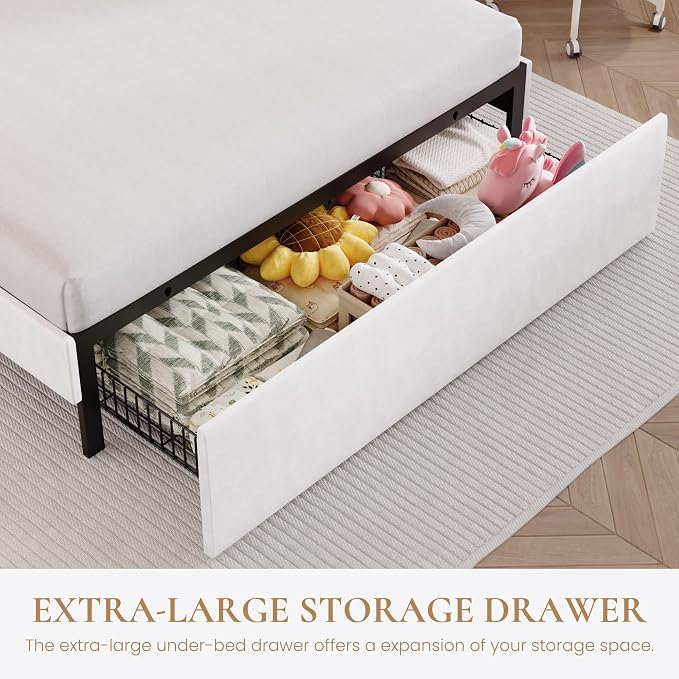 SHA CERLIN Full Size Bed Frame with LED Lights and Storage Drawer, White | Upholstered Velvet Platform Bed with Adjuatable Wavy Headboard, Noise-Free, Easy Assembly,No Box Spring Needed