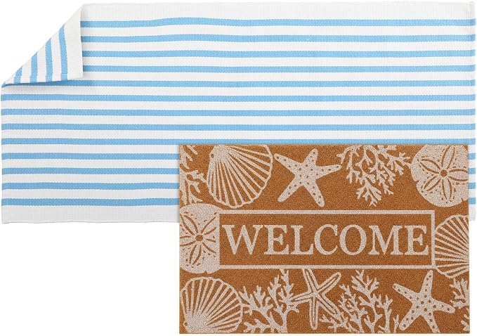 2 Pcs Outdoor Door Mat Combo Set Layered Outdoor Rug and Coir Welcome Doormat Non Slip Outside Floor Mat for Front Porch Entryway Patio Yard Decor(Summer Beach,24'' X 51',18'' X 28'')