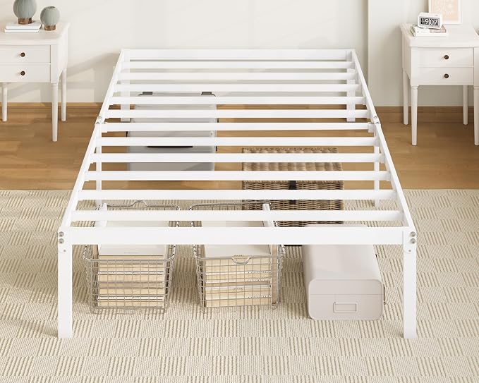 Allewie Twin XL Bed Frame, 14 inch Metal Beds with Storage Space, White | Heavy-Duty Metal Platform Beds, Large Under-Bed Storage Space, No Box Spring Needed, Easy Assembly