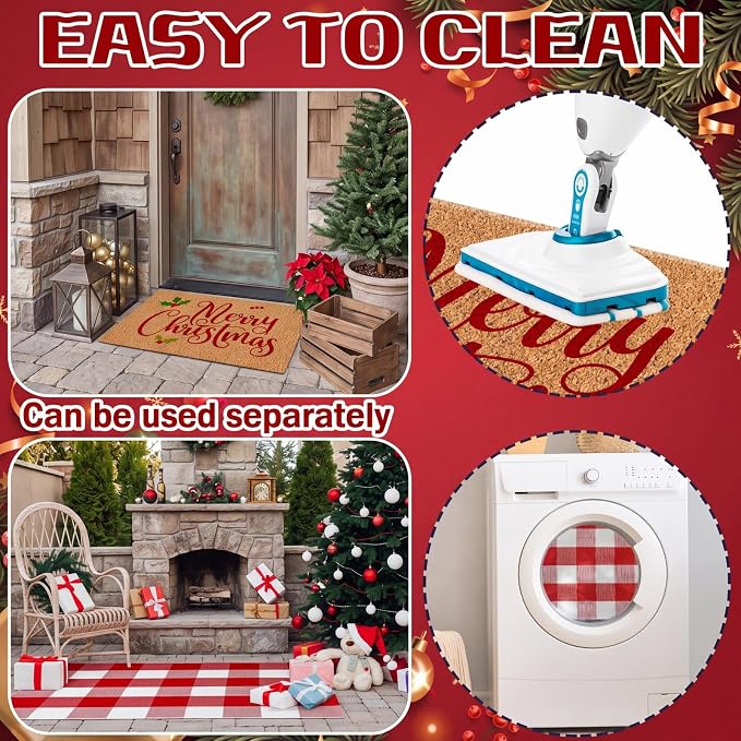 Moucuny 2 Christmas Outdoor Mat, Non Slip | Merry Christmas Welcome Coir Door Outdoor Red White Plaid Rug Front Door Porch Entryway Decor,24'' X 35'',16'' X 28''