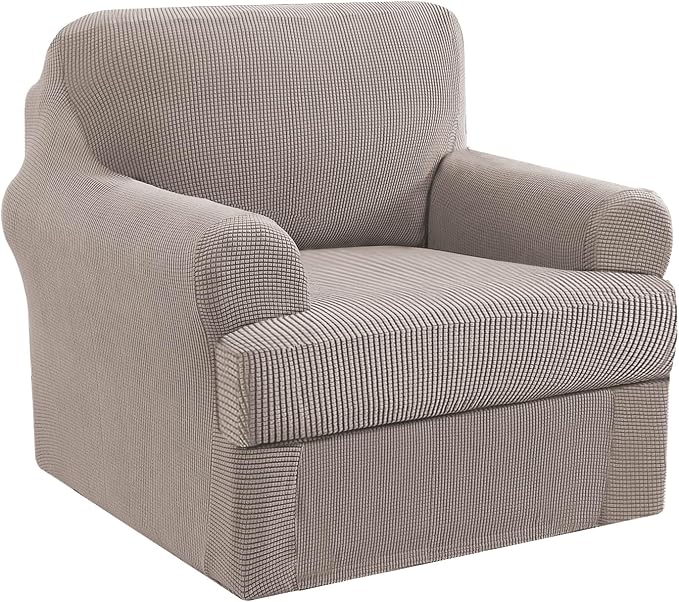 H.VERSAILTEX Stretch 2 Piece Armchair Slipcover Chair Covers for Living Room Furniture Cover Suit for T Cushion/Box Cushion, Spandex Jacquard Fabric Small Checks(Armchair-Standard, Taupe)