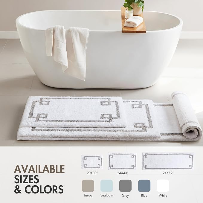 Madison Park Evan 100% Cotton Bath Runner Plush Absorbent, 24" x 72", White | Non-slip Backing, OEKO TEX, Luxurious Tufted Plush Bath Rug for Bathroom, Quick Dry, Spa Design Decorative for Shower Room