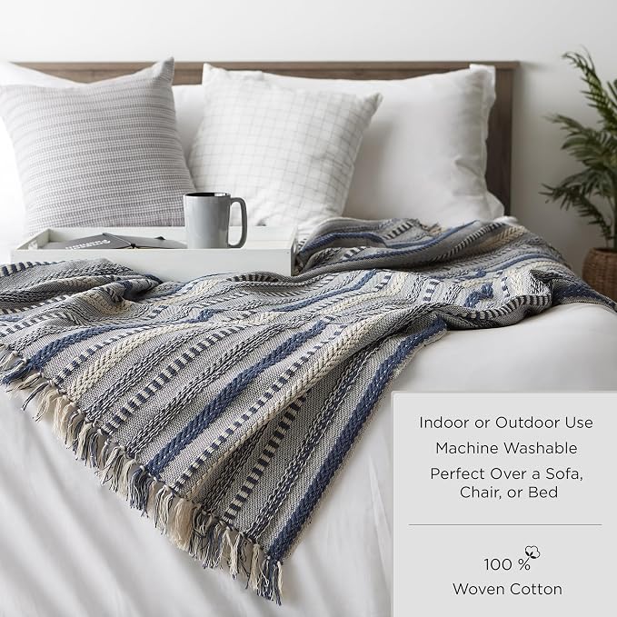 DII Modern Zig Zag Throw Blanket Woven Cotton, Hand-Knotted 2.5" Fringe, 50x60, Natural