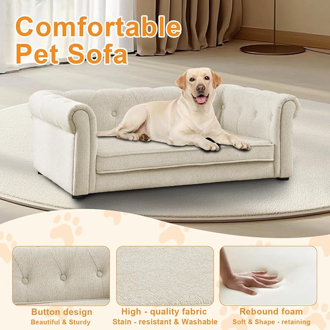 Dog Sofa for Small & Medium Dogs | Removable & Washable | No Assembly Required | Breathable Linen Fabric | Soft Foam |Floor-friendly sofa legs | Beige