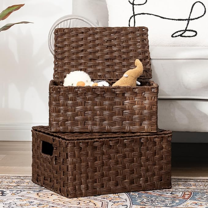 GRANNY SAYS Wicker Baskets with Lids, Set of 4 Brown Basket, Decorative Storage Boxes, Woven Basket for Organizing, Storage and Organizer Baskets