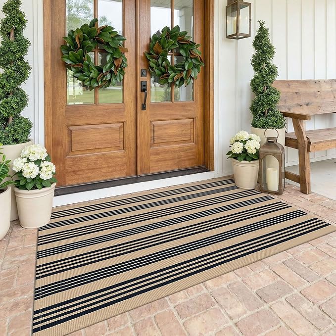 KOZYFLY Striped Rug 4x6 ft Front Door Rugs Cotton Woven Washable Indoor Outdoor Rug Brown Black Large Entrance Doormat for Front Porch Kitchen Patio Farmhouse Decor