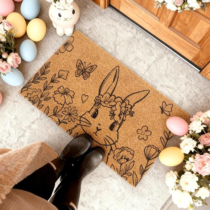 Ceenna Easter Bunny Coir Doormat Outdoor Easter Welcome Door Mat Spring Floral Bunny Floor Door Mat Rabbit Rugs for Front Porch Decor Gifts
