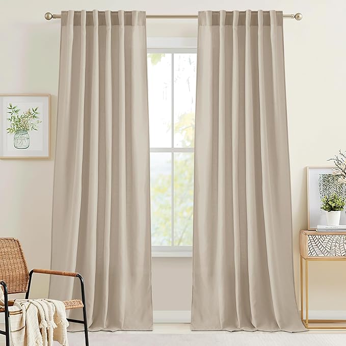 RYB HOME Semi Sheer Curtains 84 inches 2 Panels Set, Faux Linen Texture Light by RYBHOME
