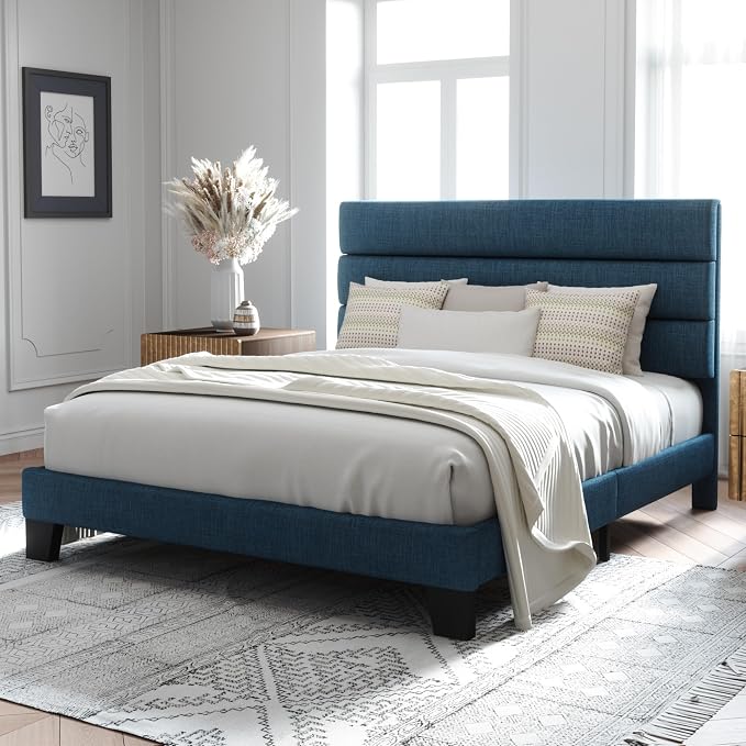 Allewie Full Size Platform Bed Frame with Fabric Upholstered Headboard Blue | Wooden Slats Support, Fully Upholstered Mattress Foundation, No Box Spring Needed, Easy Assembly, Noise-Free, Blue