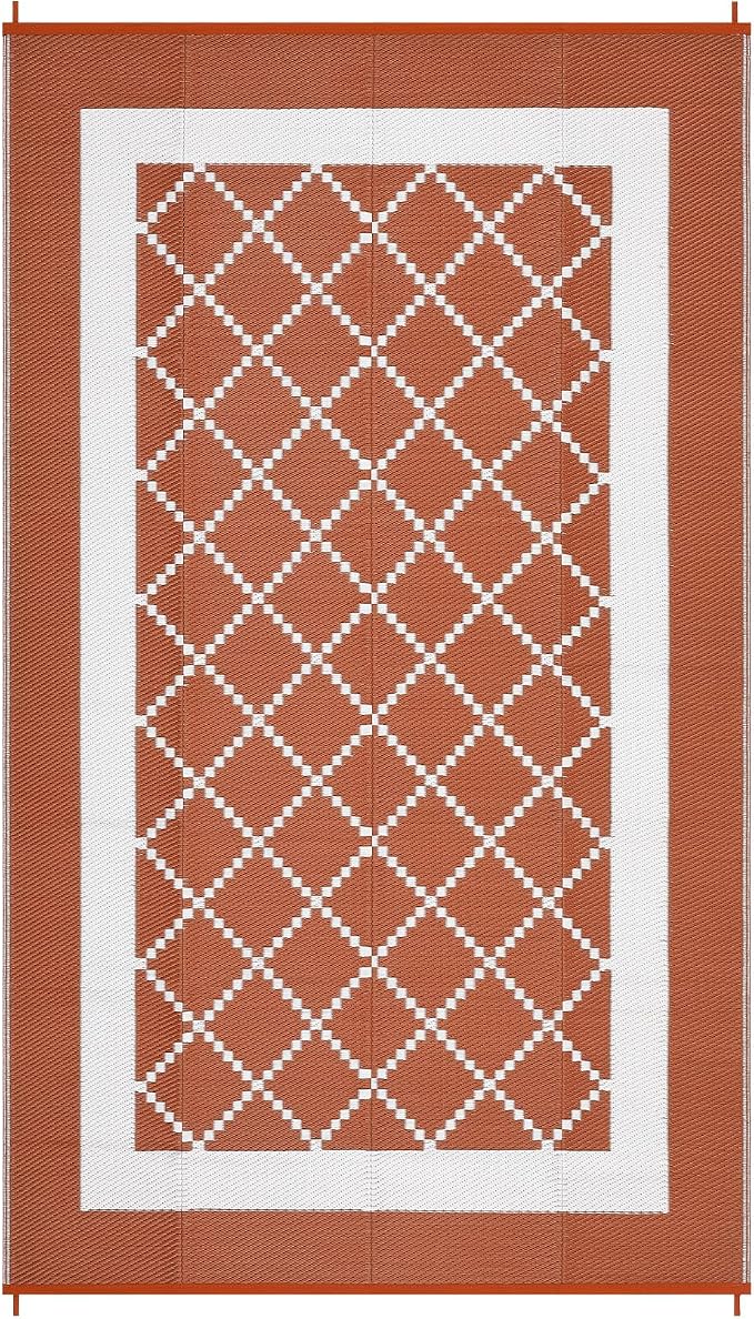 Outdoor Rug 10x14ft Waterproof Reversible Modern Orange & White Plastic Straw Patio Mat Lightweight Easy Clean Fade-Resistant Garden Carpet for Deck Camping RV Beach Porch