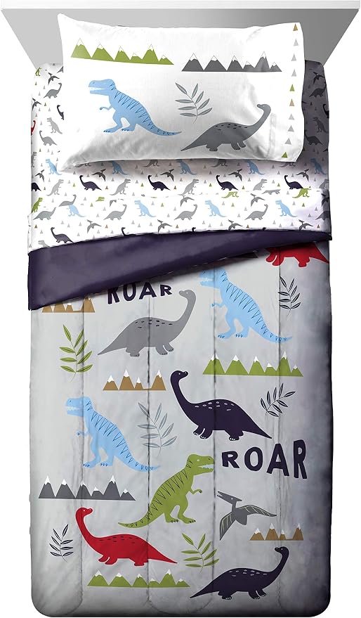 Trend Collector Dinosaur Toddler Comforter Set 4 Piece Bedding, Gray | Bed in a Bag, Comforter Sheets Pillowcase, Official Brand, Soft Microfiber, Machine Washable, Easy Care, Boys Gift
