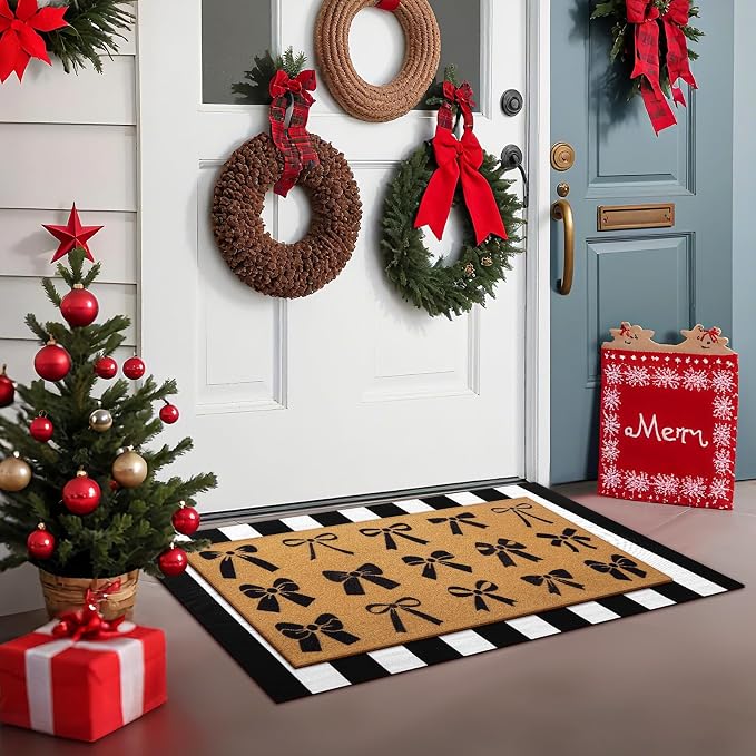 Tinideya 2 Pcs Door Mat Welcome Non Slip Coir Mats Floor Layering Doormats Seasonal for Front Porch Entryway Decor(Christmas Bows)