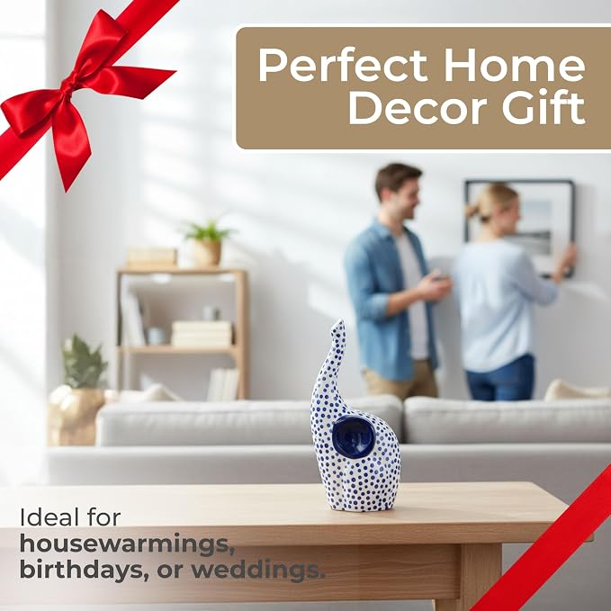 Ceramic Elephant Figurine Sculpture – Artful Room Decor Accent, Shelf, Desk, or Mantel Placement, Boho Home Decor Detail with Symbolic Charm – 8", Blue and White Finish