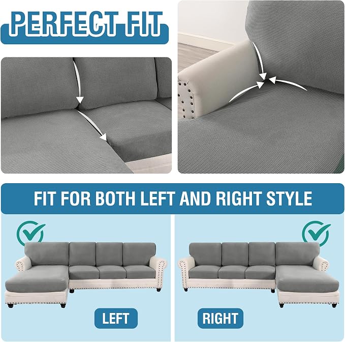 H.VERSAILTEX Sectional Couch Covers 8 Pieces Stretch Sofa Covers for Sectional Sofa Set Separate L Shaped Couch Cover for Both Left/Right Couch (Seat and Back: 1 Chaise + 3 Sofa, Dove)