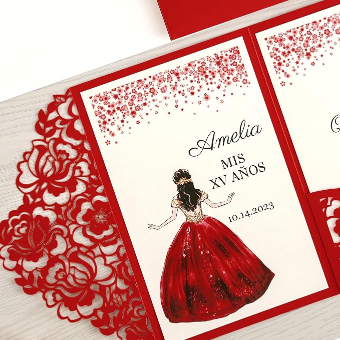 DORIS HOME 50Pcs Personalized Laser Cut Quinceanera Invitations, Red | 4.7"x7.1", Customized Quince Invitations, For 15th Birthday, Sweet 16, With Envelopes
