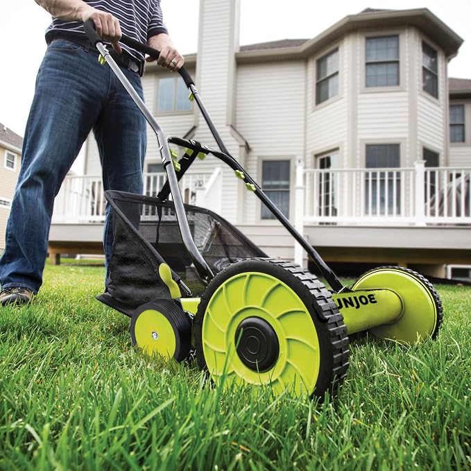 Sun Joe Manual Push Reel Lawn Mower with 8.5-Gal Grass Catcher, 20-Inch Cutting Width - Heavy-Duty Yard Trimmer Machine for Gardening Care and Maintenance, MJ502M