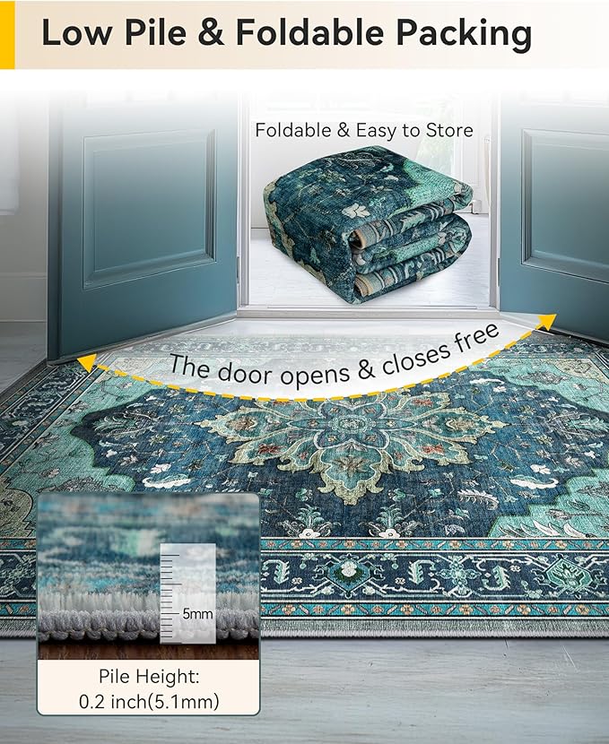 RELEANY Area Rugs 2'x5' Runner Rug Non Slip Washable for Kitchen Hallway Bedroom Beside Laundry Room Bathroom Rug, Floor Carpet, Teal Green Lake Blue Turquoise