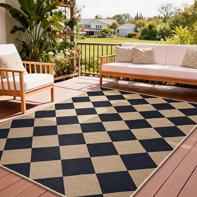 EDIMENS 3x5 Outdoor Rugs Easy Jute Checkered Front Door Mat Entryway Rug | Black Washable Non Slip Indoor Outdoor Rug Farmhouse Neutral Living Room Carpet for Backyard Porch Balcony Patio