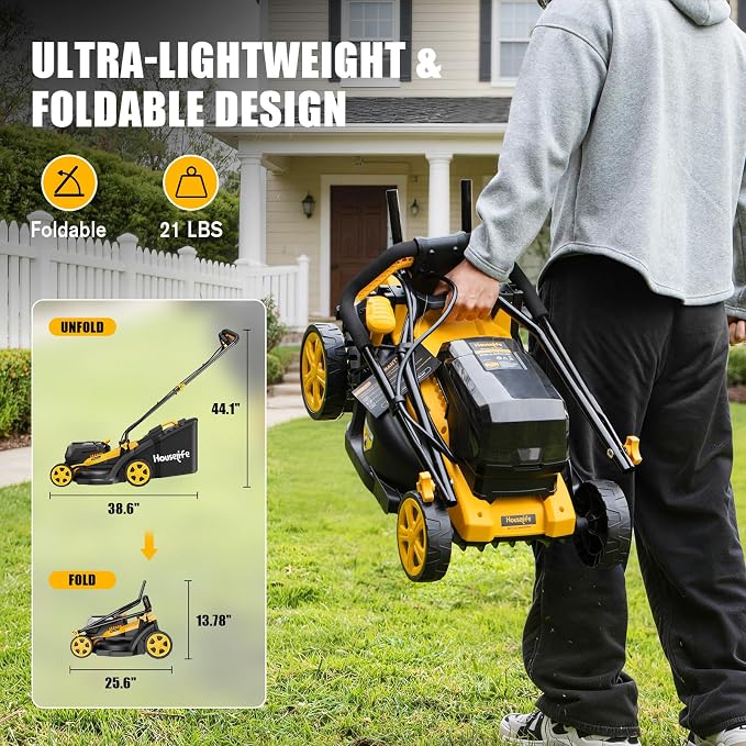 40V Cordless Lawn Mower Compatible with Dewalt 2x20V MAX Battery | 14" Electric Mower with 35L Grass Bag, 6-Position Height Adjustment, Foldable, Suitable for Gardens and Patios (Tool Only)