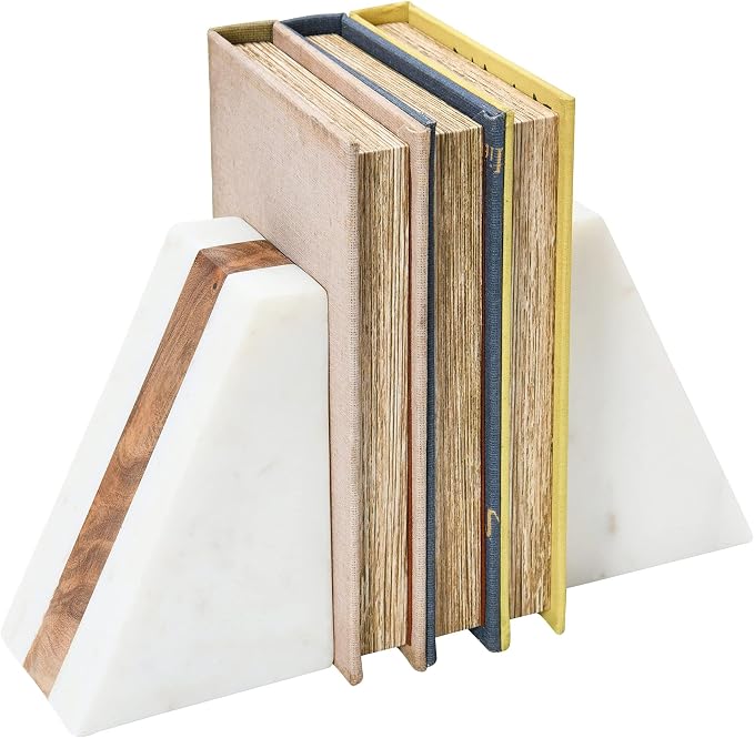 Main + Mesa Marble Geometric Bookends with Wood Inlay, White