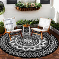Round Outdoor Rugs for Patios, 6Ft Waterproof Reversible Plastic Straw Mat with Carry Bags, Boho Lightweight Outdoor Carpet Portable Round Floor Mat for Patio Camping Picnic Backyard RV,Black & White