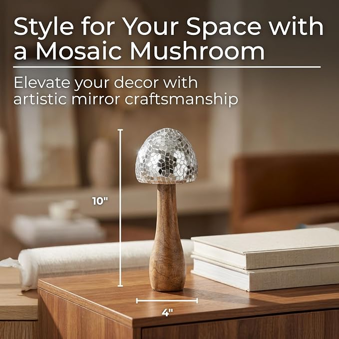 Mango Wood Figurine Sculpture – Artful Room Decor Accent, Shelf, Console, or Table Display, Boho Home Decor Mosaic Detail for Collected Spaces – 10", Silver and Natural Wood