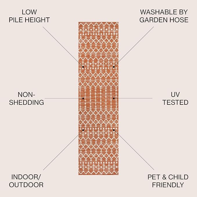 JONATHAN Y Moroccan Geometric Indoor Outdoor Runner Rug 2X10 Orange/Cream, Ourika Textured Weave for Backyard, Patio, Porch, Easy-Cleaning, High Traffic, Pet-Friendly, Non-Shedding (SMB108P-210)