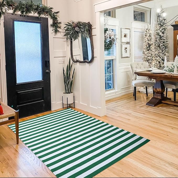 Green & White Striped Rug, 4' x 6' Indoor/Outdoor Area Rug for Front Porch, Entryway, Machine Washable Cotton Woven Welcome Door Mat