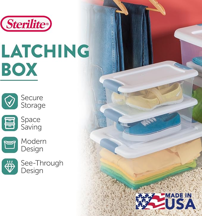 Sterilite Latching Box with Lids for Home and Office, 6 Quart, 36-Pack | Heavy-Duty and Stackable Plastic Containers with Latches for Closet, Cabinet, Bedroom, Bathroom and Dorm Room Organization