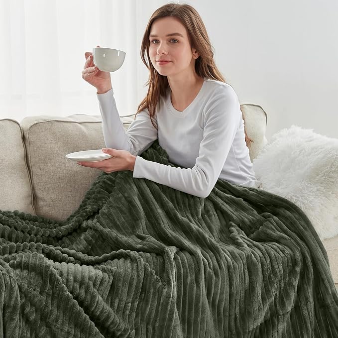 Nestl Green Throw Blanket for Couch - Cozy Warm Fuzzy Blankets for Women, Set of 2 Small Fleece Throws for Girls - Olive Green, 50 x 60 Inches