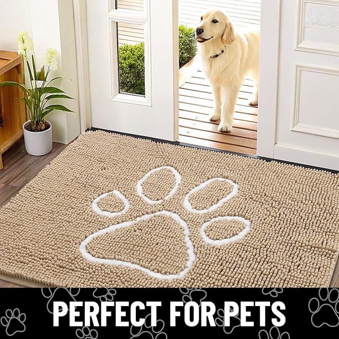 Smiry Dog Door Mat for Muddy Paws, Absorbent Dirt Trapper Non Slip Quick Dry Washable Chenille Mat for Mud Dogs, Entry Rug for Indoor and Outdoor (54x24 Inches, Beige and White)