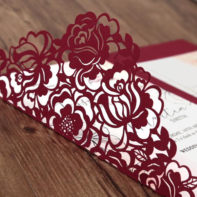 DORIS HOME Laser Cut Wedding Invitation Pockets, Burgundy, 5"x7" | 50pcs, With Envelopes, For Wedding & Anniversary, No Inserts Included