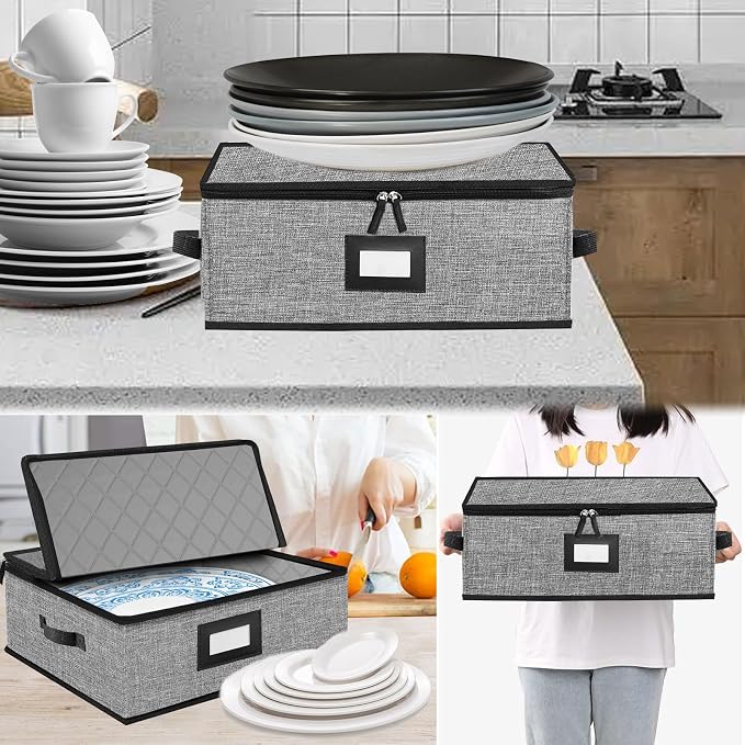 Quilted Platter Storage Case 2PACK-Fine China Storage Containers Hard Shell for Organizing,Stackable Plate Storage Containers with 8 Felt Dividers,dinnerware Storage,Moving Box,Moving Supplies | Stackable Plate Storage Containers with Hard Shell and 4 ...