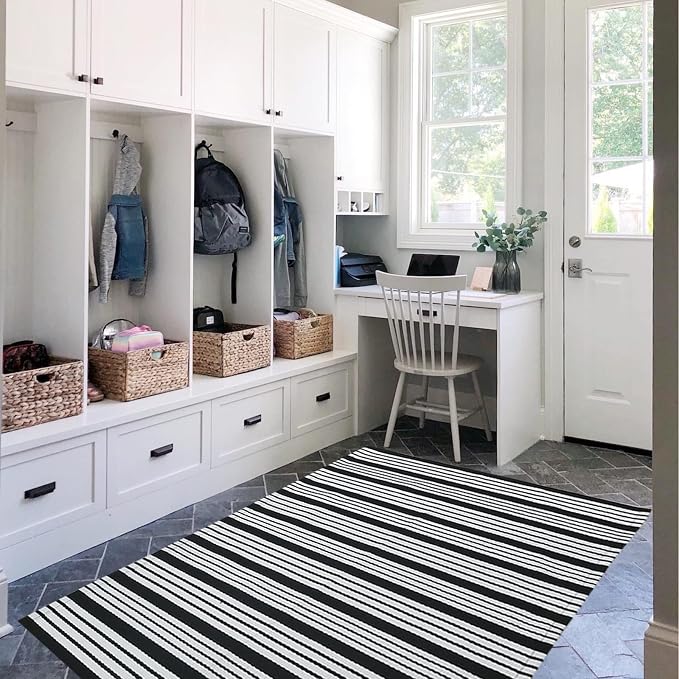 Black and White Striped Outdoor Rug 27.5"x43" Cotton Hand-Woven Reversible Foldable Washable Area Rug for Layered Door Mats Porch/Front Door, Entryway, Laundry Room, Farmhouse, Kitchen (27.5'' x 43'')