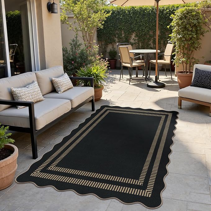 Scalloped Modern Easy Jute Carpet, 4x6 Outdoor Patio Washable Area Rug, Indoor Black Kitchen Rugs Farmhouse Neutral Non Slip Rug for Living Room Patio Entryway