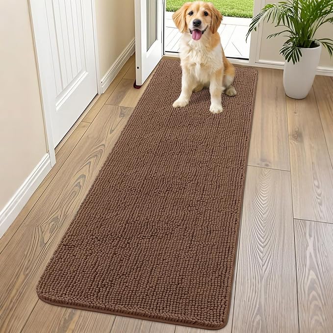 Smiry Dog Door Mat for Muddy Paws 70x24, Absorbent Dirt Trapper, Non-Slip Washable Chenille Entryway Rug for Inside Floor, Mocha, Classic Solid