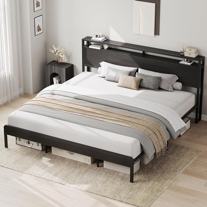 LIKIMIO King Size Bed Frame with 2-Tier Storage Shelf Headboard | Dark Wood Platform Bed, Camas King with Strong Metal Supports, Sturdy, Noise-Free, No Box Spring Needed, Classic Black