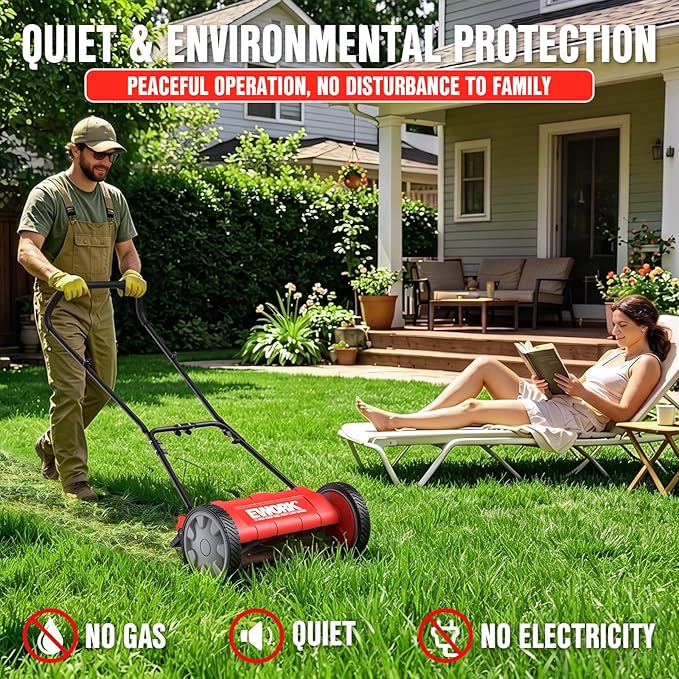 EWORK Push Reel Lawn Mower 23" with 5-Blade Cutting System for Lawn Care | Manual Lawn Mower with 4 Adjustable Cutting Heights, Sponge-Wrapped Handle, Tool-Free Assembly, Reel Mowers for Garden, Yard