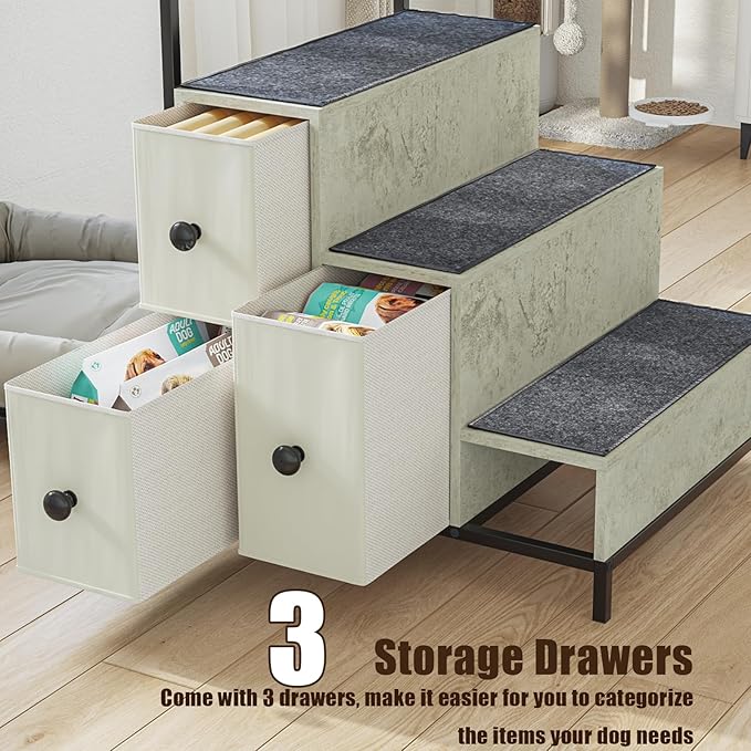 LEMBERI Pet Bunk Bed with Stairs and Storage, Dogs/Cats Window Perch, Bedside Lounge Elevated Dog Bed Multi-Level Platform with Foam Upholstery (Gray)