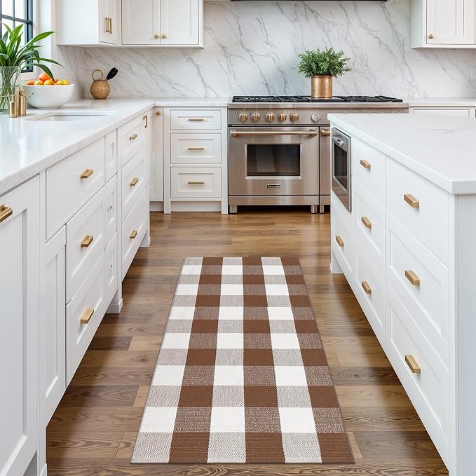 Collive Buffalo Plaid Checkered Outdoor Rug, Fall Autumn Decor Door Mat, 2x4.3 Coffee and White Front Porch Rug, Washable Welcome Layered Doormat Outside Entrance for Kitchen Entryway Patio