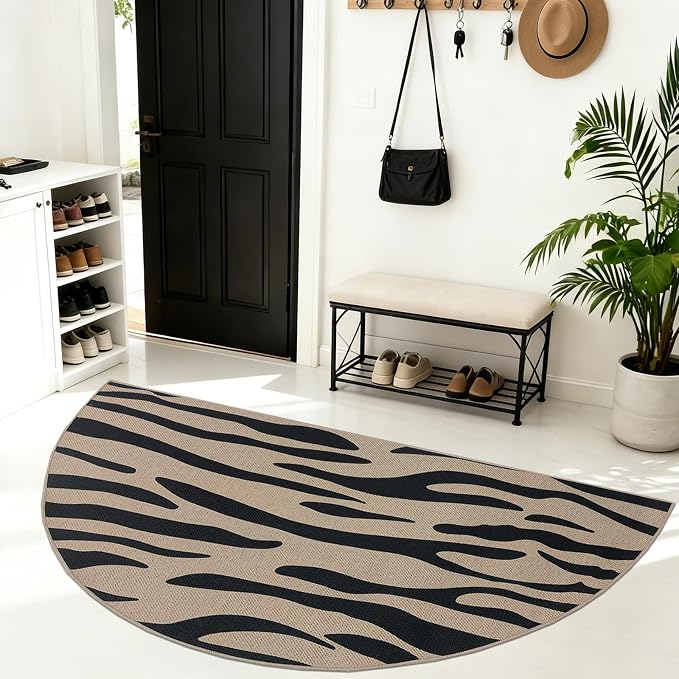 Half Round Easy Jute Rug 3x6Ft Zebra Stripe Carpet for Farmhouse Bedroom Carpet, Non-Slip Half Circle Thin Neutral Floor Mat for Living Room Patio Kids Room Kitchen, Indoor Outdoor, Black 5