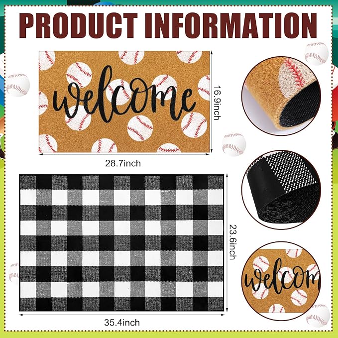 Tinideya 2 Pcs Door Mat Welcome Non Slip Coir Mats Floor Layering Doormats Seasonal for Front Porch Entryway Decor(Baseball)