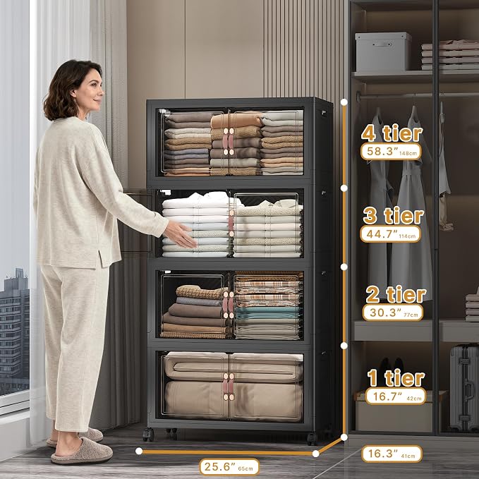 UAMFURI Stackable Storage Bins, 896QT Collapsible Drawers with 2 Lids | Large Capacity, Magnetic Door, Stack Lock, Rolling Wheels, Foldable Design, Organizers and Storage for Bedroom Dorm Garage