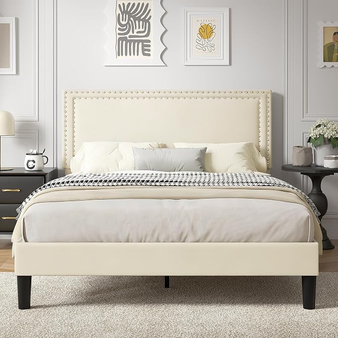 VECELO Queen Size Platform Bed Frame with Height Adjustable Upholstered Headboard, Modern Mattress Foundation,Strong Wood Slat Support, No Box Spring Needed, Easy Assembly,Beige