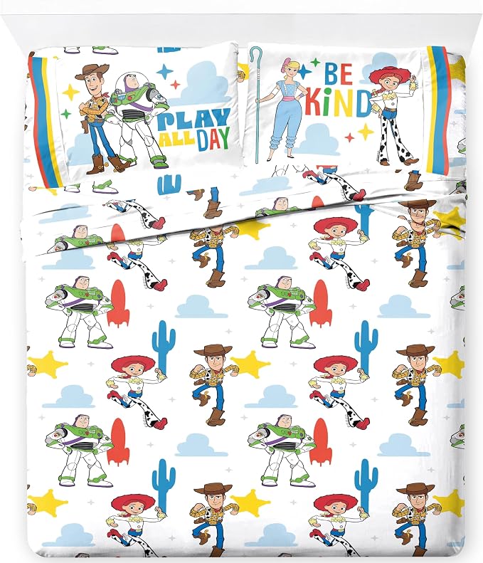 Jay Franco Kids Sheet Cartoon Set with Fitted, Flat Sheets & Pillow Cover - Ultra-Soft Bedding with Pillowcase for Room Decor, White - Toy Story, 4 Piece Queen