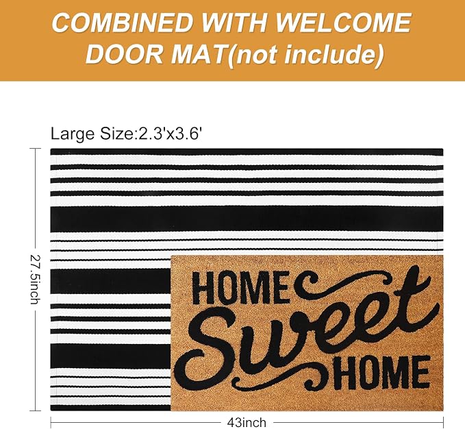 LEEVAN 2.3'X3.6' Black and White Striped Woven Reversible Outdoor Rug | Small Machine Washable Front Porch Rug, Cotton Entryway Door Mat, Indoor Layering Carpet for Farmhouse Bathroom Laundry