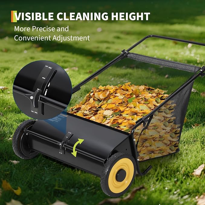 26-Inch Push Lawn Sweeper with 4-Brush System, Heavy-Duty Steel Frame, Height-Adjustable Leaf & Grass Collector, 7 Cu.ft. Mesh Bag, Ideal for Leaves, Grass, Yard & Garden Cleanup