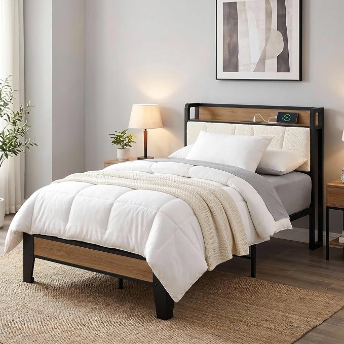 LIKIMIO Twin Bed Frames, Storage Headboard with Charging Station, Solid and Stable, Noise Free, No Box Spring Needed, Easy Assembly, Wood and Cream