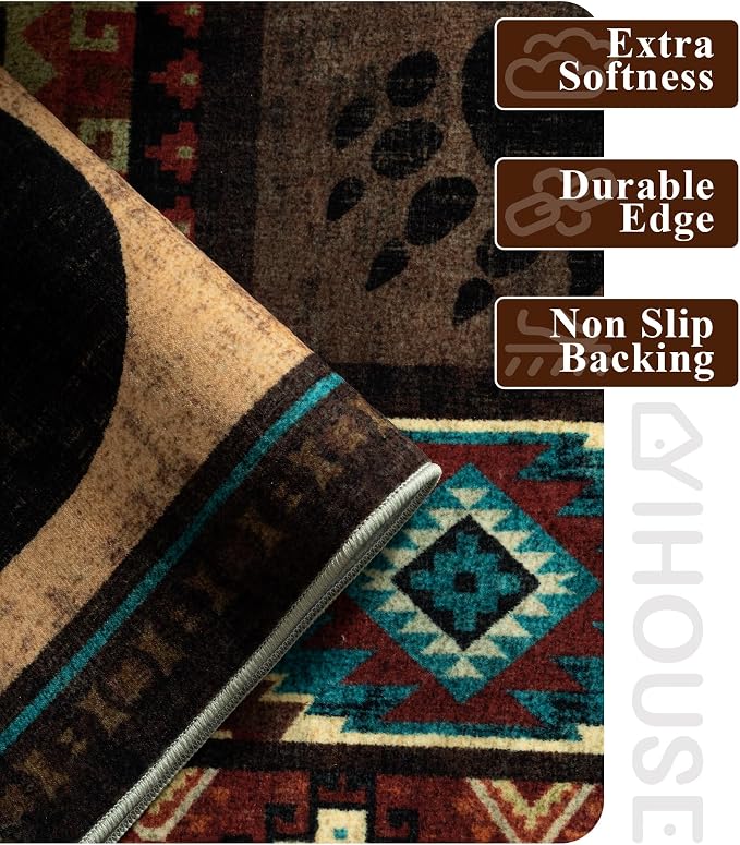 YIHOUSE Rustic Cabin Rugs for Living Room 10x14, Wildlife Bear & Deer Area Rug, Washable Southwestern Lodge Large Area Rug